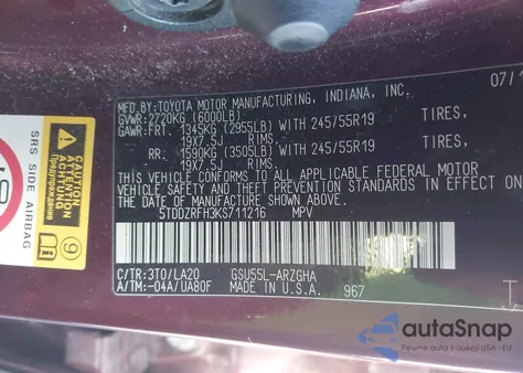 2019 Toyota Highlander Limited Platinum z USA, uszkodzony, nr VIN 5TDDZRFH3KS711216